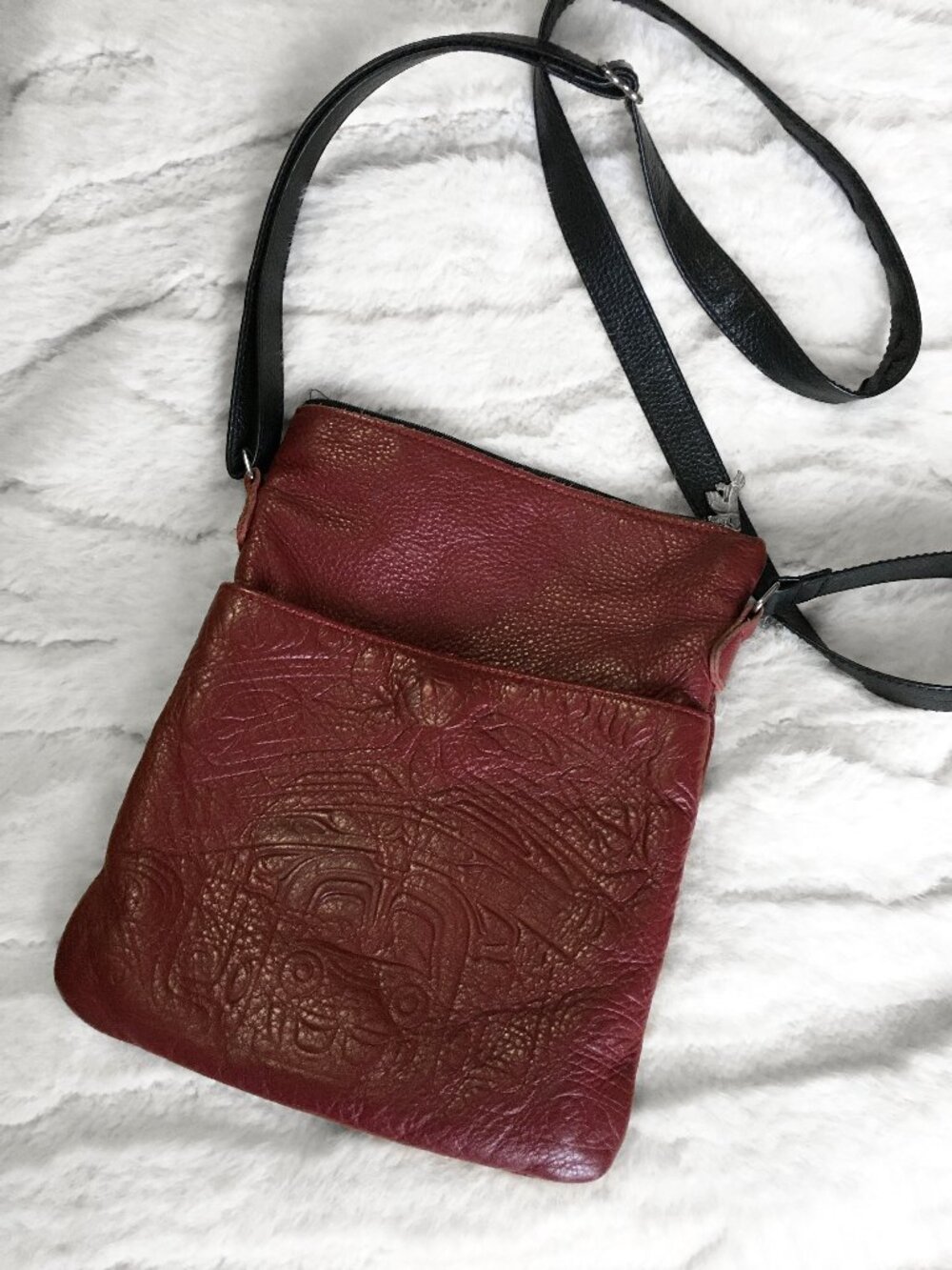 Embossed Deerskin Leather Burgundy Spirit of the North Solo Bag Canadian Made